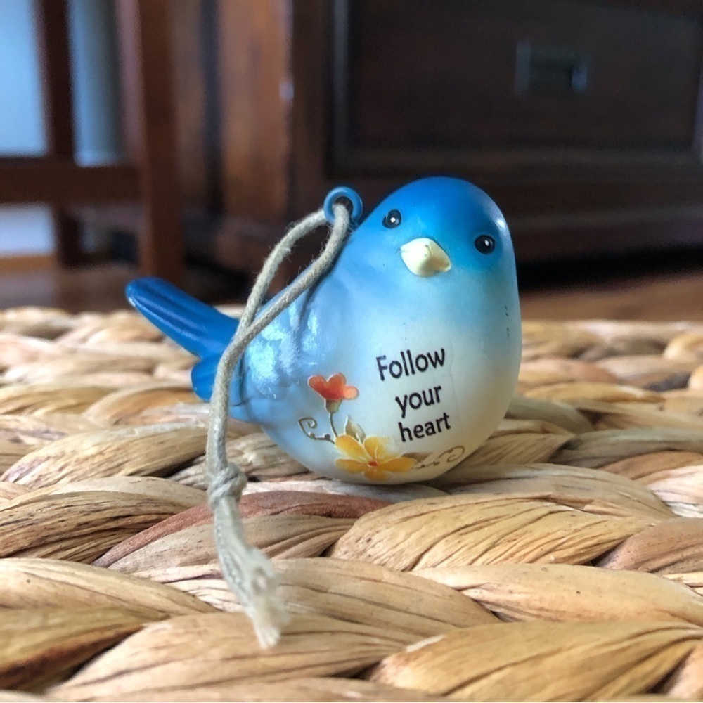 "Follow Your Heart" Ceramic blue bird with hanging loop